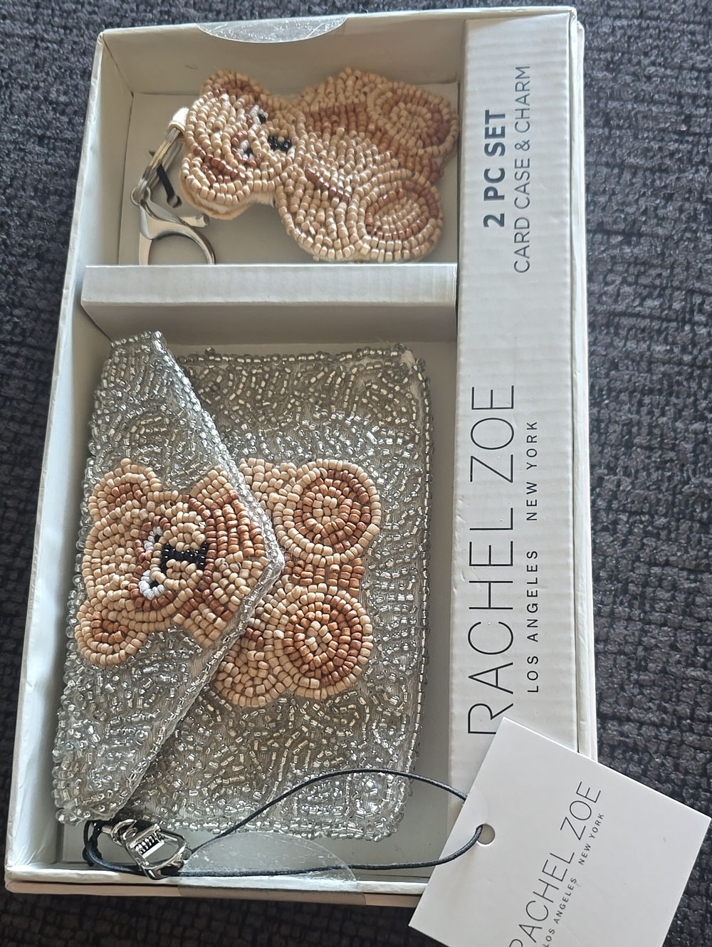 Rachel Zoe Silver Beaded Card Case with Peach Bear Charm